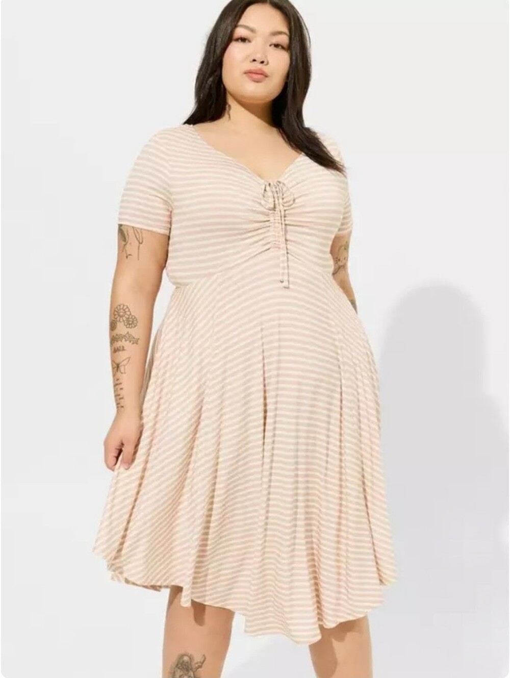 Torrid Supersoft Shirred Front Midi Summer Dress Mushroom Stripe Size 00 M/L 10